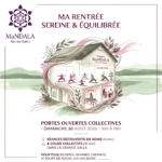 Affiche illustrée de l'Espace MaNDALA à Aix-les-Bains pour les portes ouvertes du 30 août 2026. On y voit une maison en coupe avec des séances de yoga et de soins, entourée de feuilles vertes et de volutes prunes. Texte : Ma rentrée sereine et équilibrée, soins de 15 min, cours collectifs de 30 min et marché de créateurs locaux.